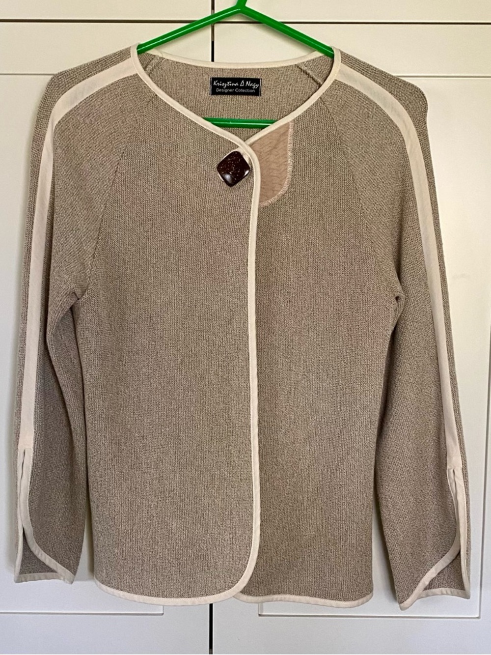 Elegant Taupe Cardigan with Cream Trim by Krisztina Nagy